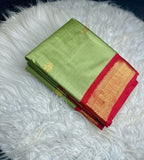 Pista green and red solid cotton silk saree with unstitched blouse piece, 5.5 meters length