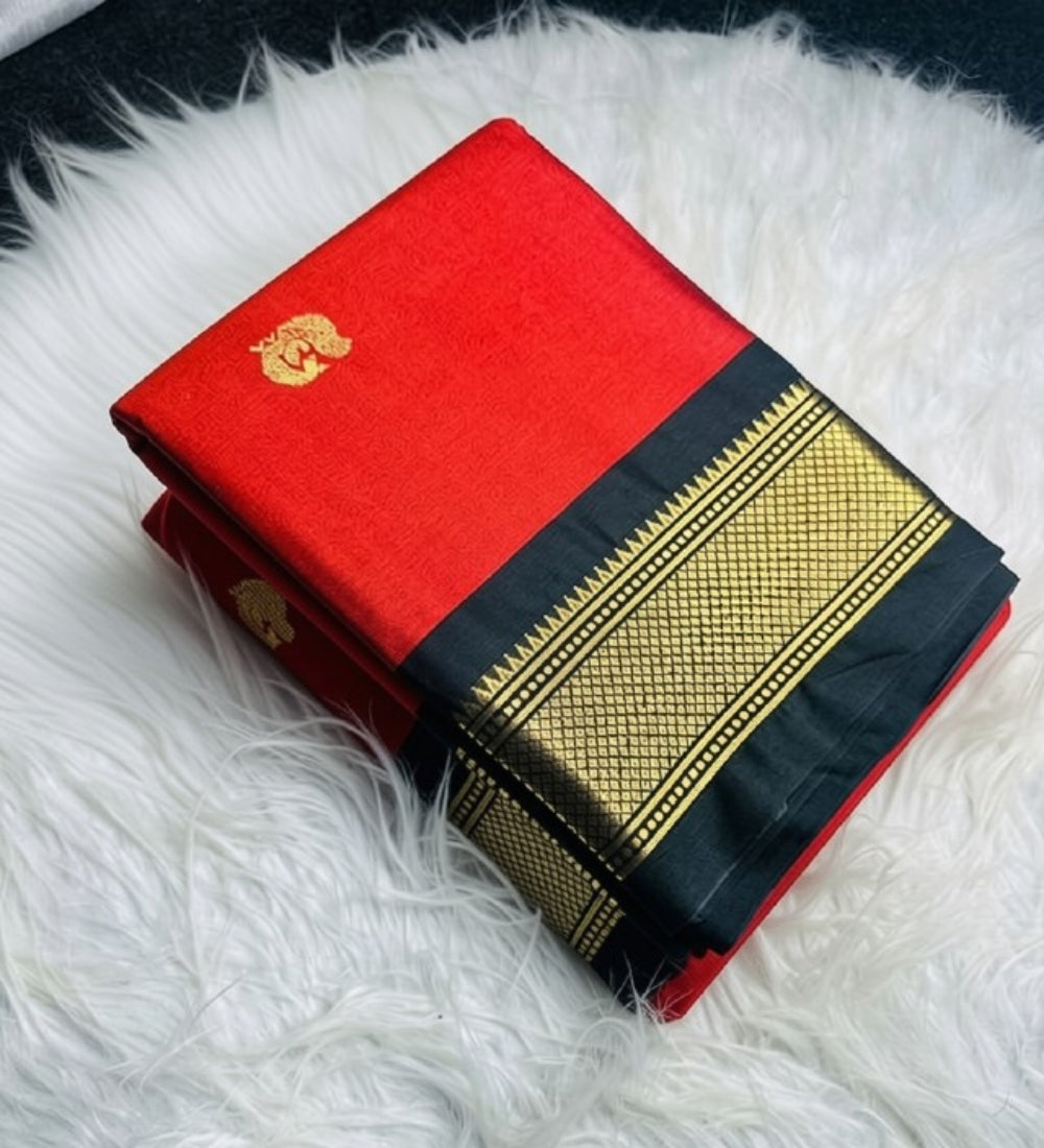 Red and black solid cotton silk saree with unstitched blouse piece, 5.5 meters length