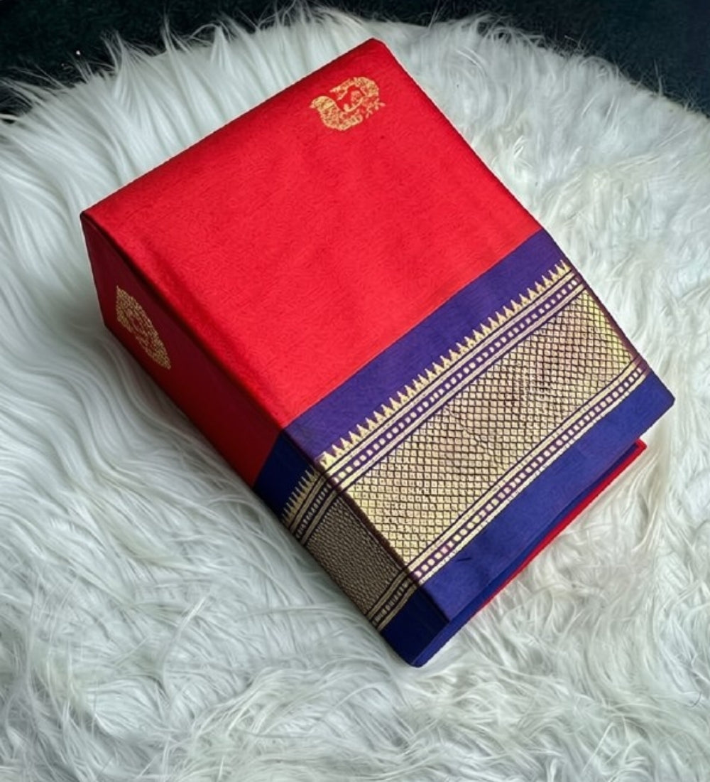 Red and blue solid cotton silk saree with unstitched blouse piece, 5.5 meters length
