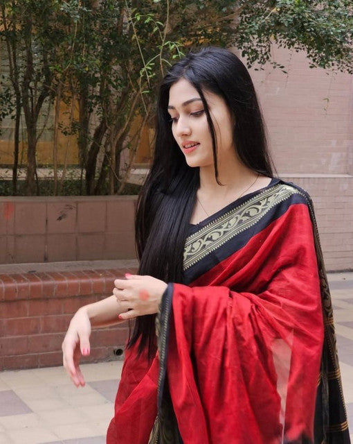 Red and black striped linen saree with unstitched blouse piece, 5.5 meters length