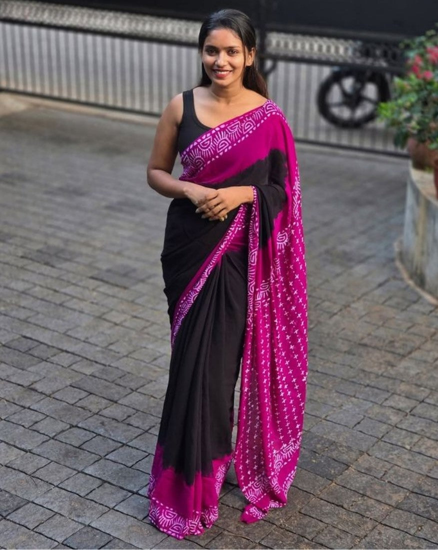 Black and pink printed linen saree with unstitched blouse piece, 5.5 meters length