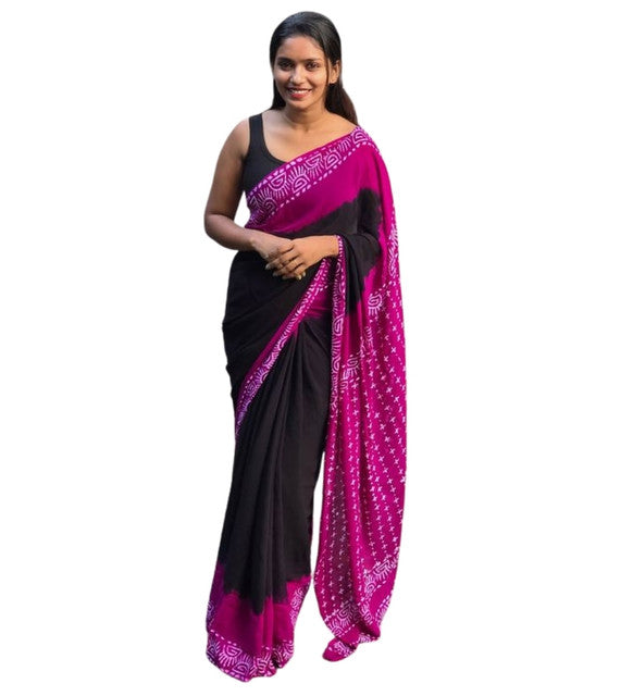 Black and pink printed linen saree with unstitched blouse piece, 5.5 meters length