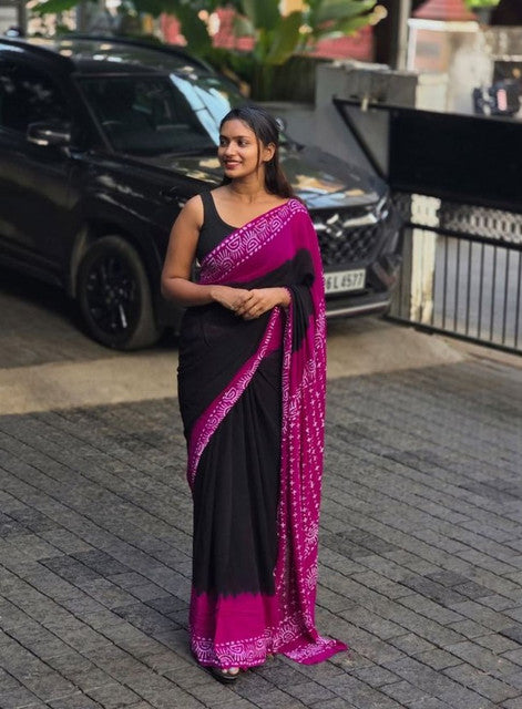 Black and pink printed linen saree with unstitched blouse piece, 5.5 meters length