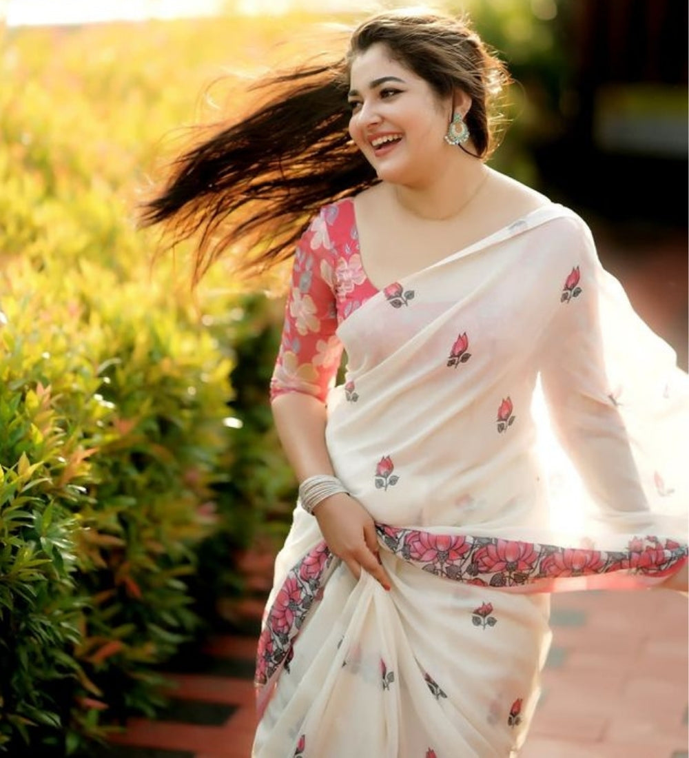 Off white linen saree with floral print and unstitched blouse piece, 5.5 meters length