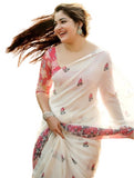 Off white linen saree with floral print and unstitched blouse piece, 5.5 meters length