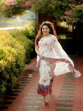 Off white linen saree with floral print and unstitched blouse piece, 5.5 meters length