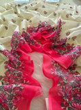 Off white linen saree with floral print and unstitched blouse piece, 5.5 meters length