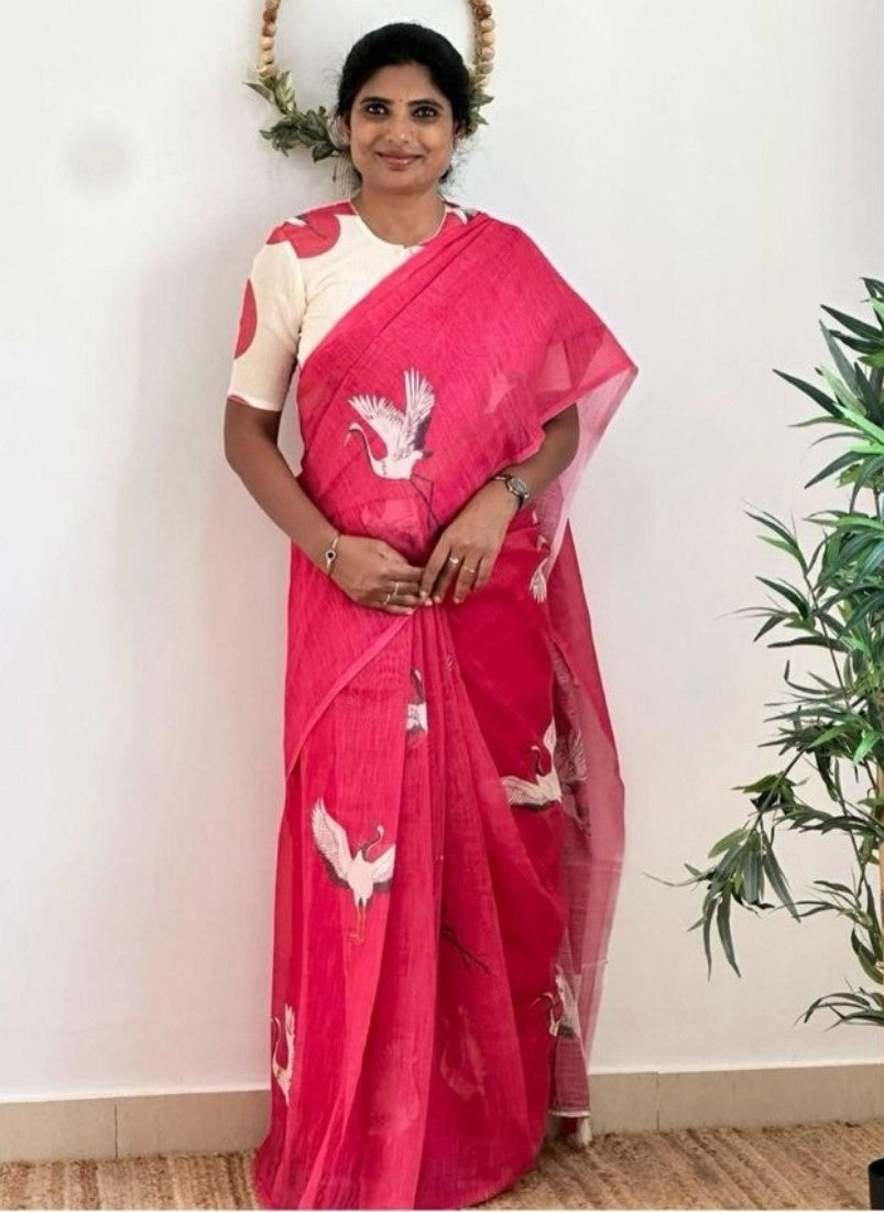 Pink linen printed saree with unstitched blouse piece, 5.5 meters length, traditional Indian wear