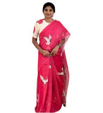 Pink linen printed saree with unstitched blouse piece, 5.5 meters length, traditional Indian wear
