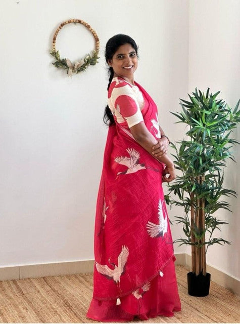 Pink linen printed saree with unstitched blouse piece, 5.5 meters length, traditional Indian wear