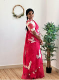 Pink linen printed saree with unstitched blouse piece, 5.5 meters length, traditional Indian wear