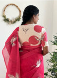 Pink linen printed saree with unstitched blouse piece, 5.5 meters length, traditional Indian wear