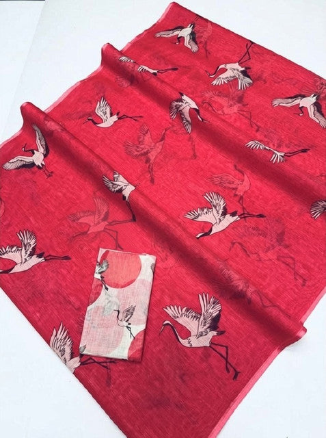 Pink linen printed saree with unstitched blouse piece, 5.5 meters length, traditional Indian wear
