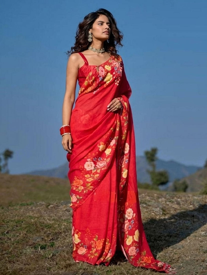 Red linen floral printed saree with unstitched blouse piece, 5.5 meters length