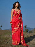 Red linen floral printed saree with unstitched blouse piece, 5.5 meters length