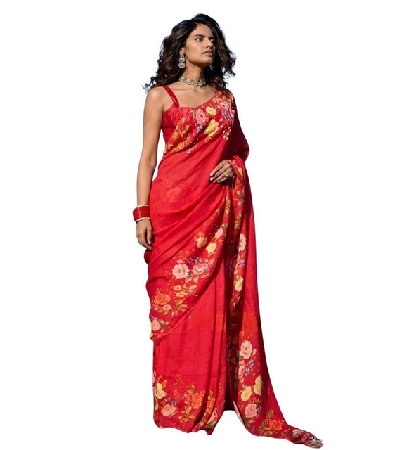 Red linen floral printed saree with unstitched blouse piece, 5.5 meters length