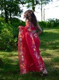 Red linen floral printed saree with unstitched blouse piece, 5.5 meters length