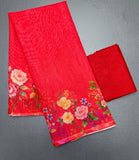 Red linen floral printed saree with unstitched blouse piece, 5.5 meters length