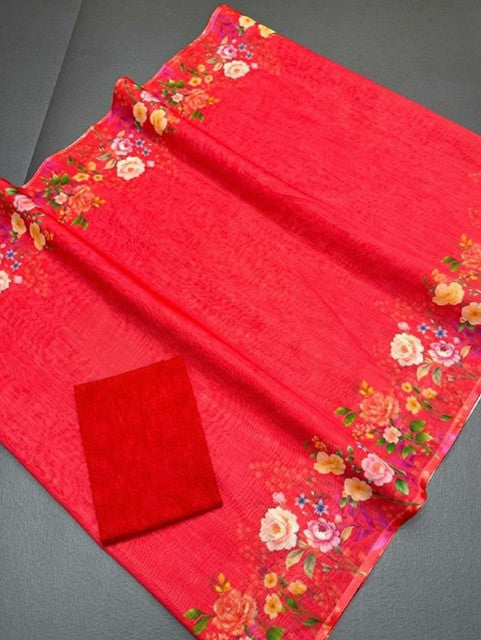 Red linen floral printed saree with unstitched blouse piece, 5.5 meters length