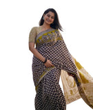 Purple linen Kalamkari printed saree with unstitched blouse piece, 5.5 meters length