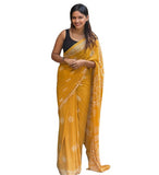 Yellow linen printed saree with unstitched blouse piece, 5.5 meters length, traditional Indian wear