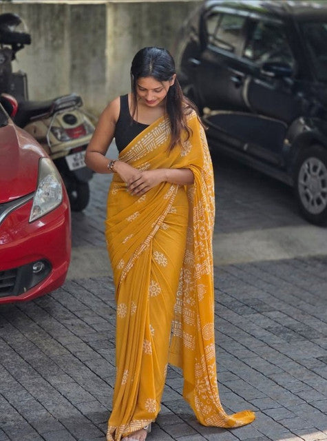 Yellow linen printed saree with unstitched blouse piece, 5.5 meters length, traditional Indian wear
