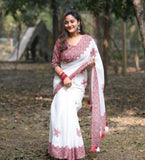 White and red linen floral printed saree with unstitched blouse piece, 5.5 meters length