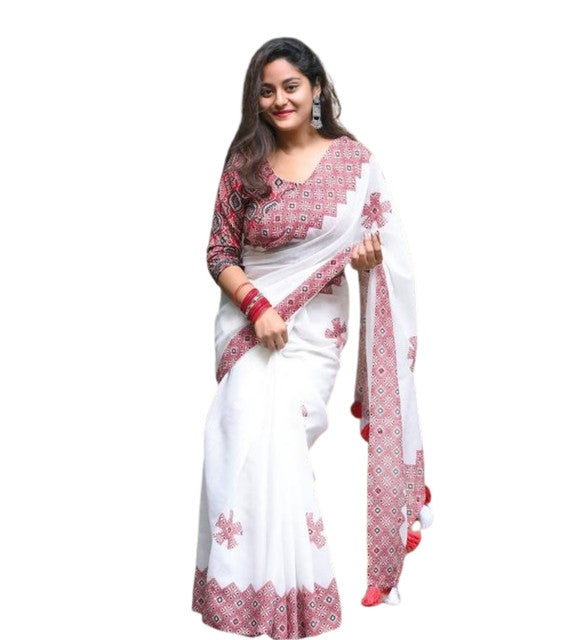White and red linen floral printed saree with unstitched blouse piece, 5.5 meters length