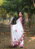 White and red linen floral printed saree with unstitched blouse piece, 5.5 meters length