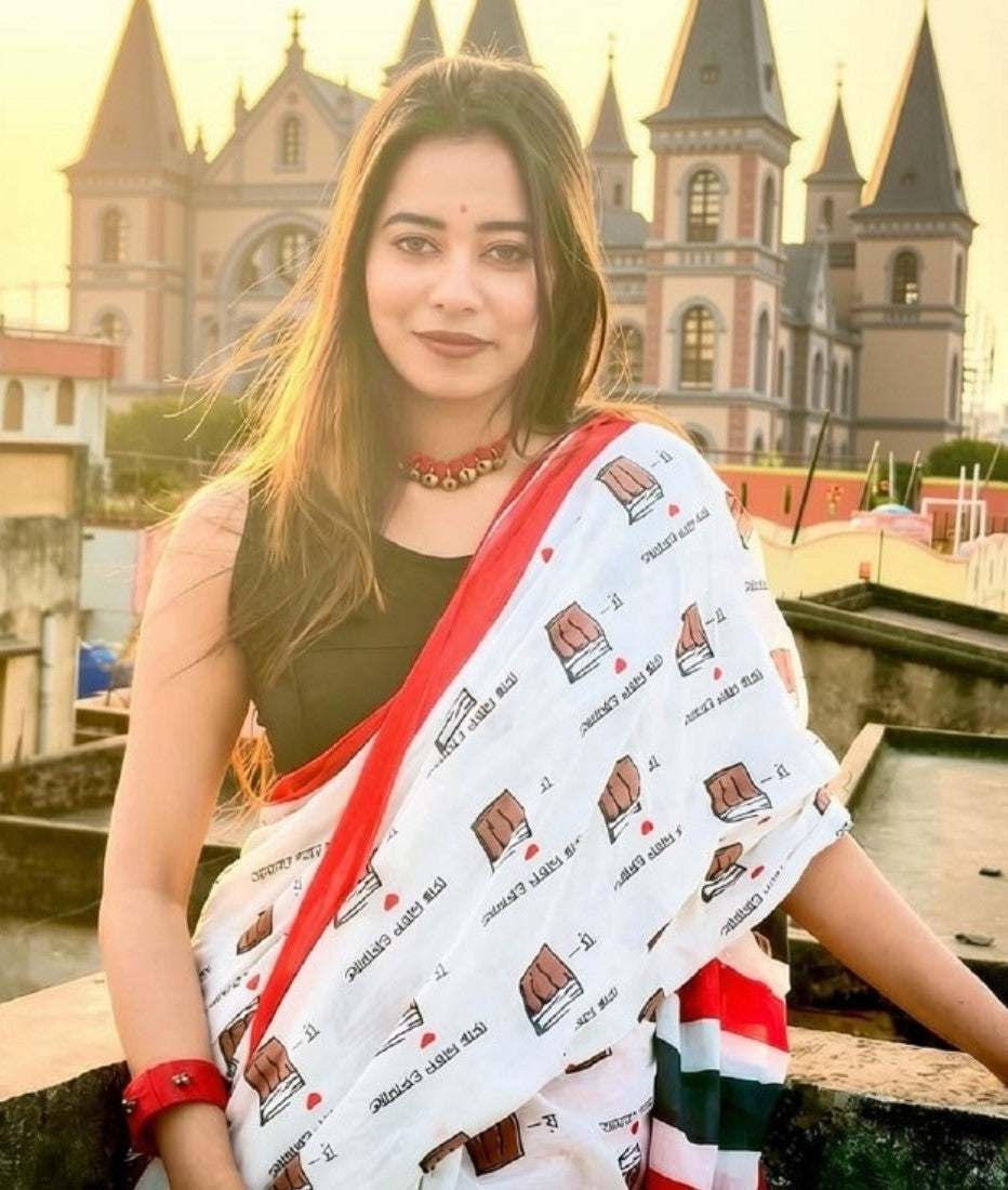White and red printed linen saree with unstitched blouse piece, 5.5 meters length