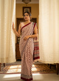 Off white linen printed saree with unstitched blouse piece, 5.5 meters length