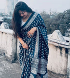 Navy blue linen printed saree with unstitched blouse piece, 5.5 meters length