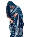 Navy blue linen printed saree with unstitched blouse piece, 5.5 meters length