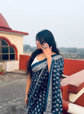 Navy blue linen printed saree with unstitched blouse piece, 5.5 meters length
