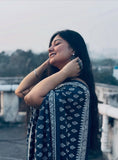 Navy blue linen printed saree with unstitched blouse piece, 5.5 meters length