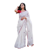 White and red linen embroidered saree with unstitched blouse piece, 5.5 meters length
