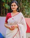 White and red linen embroidered saree with unstitched blouse piece, 5.5 meters length