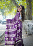 Purple linen printed saree with unstitched blouse piece, 5.5 meters length, traditional Indian wear