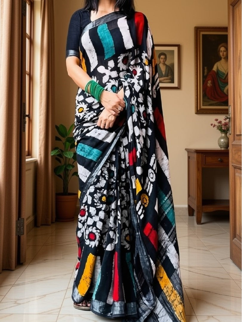 Multicolor linen floral printed saree with unstitched blouse piece, 5.5 meters length