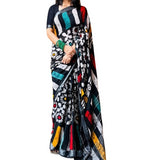 Multicolor linen floral printed saree with unstitched blouse piece, 5.5 meters length