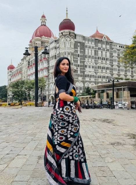 Multicolor linen floral printed saree with unstitched blouse piece, 5.5 meters length