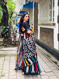 Multicolor linen floral printed saree with unstitched blouse piece, 5.5 meters length