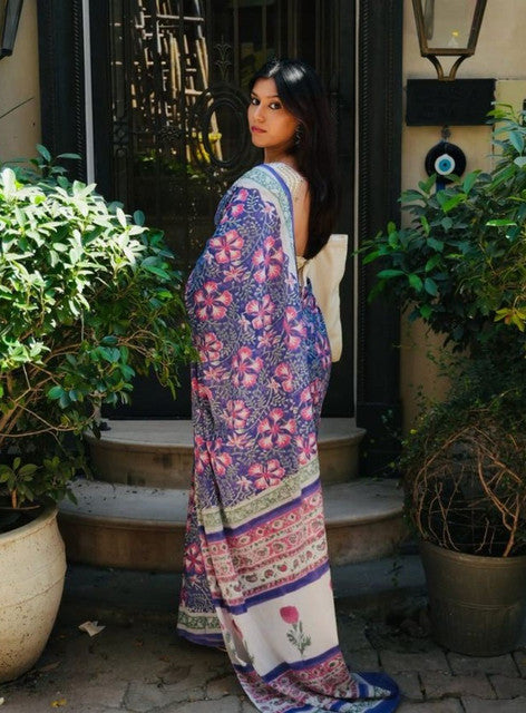 Multicolor linen floral printed saree with unstitched blouse piece, 5.5 meters length