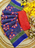 Multicolor linen floral printed saree with unstitched blouse piece, 5.5 meters length