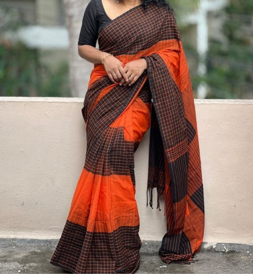 Orange and black linen checkered saree with unstitched blouse piece, 5.5 meters length