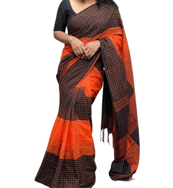 Orange and black linen checkered saree with unstitched blouse piece, 5.5 meters length