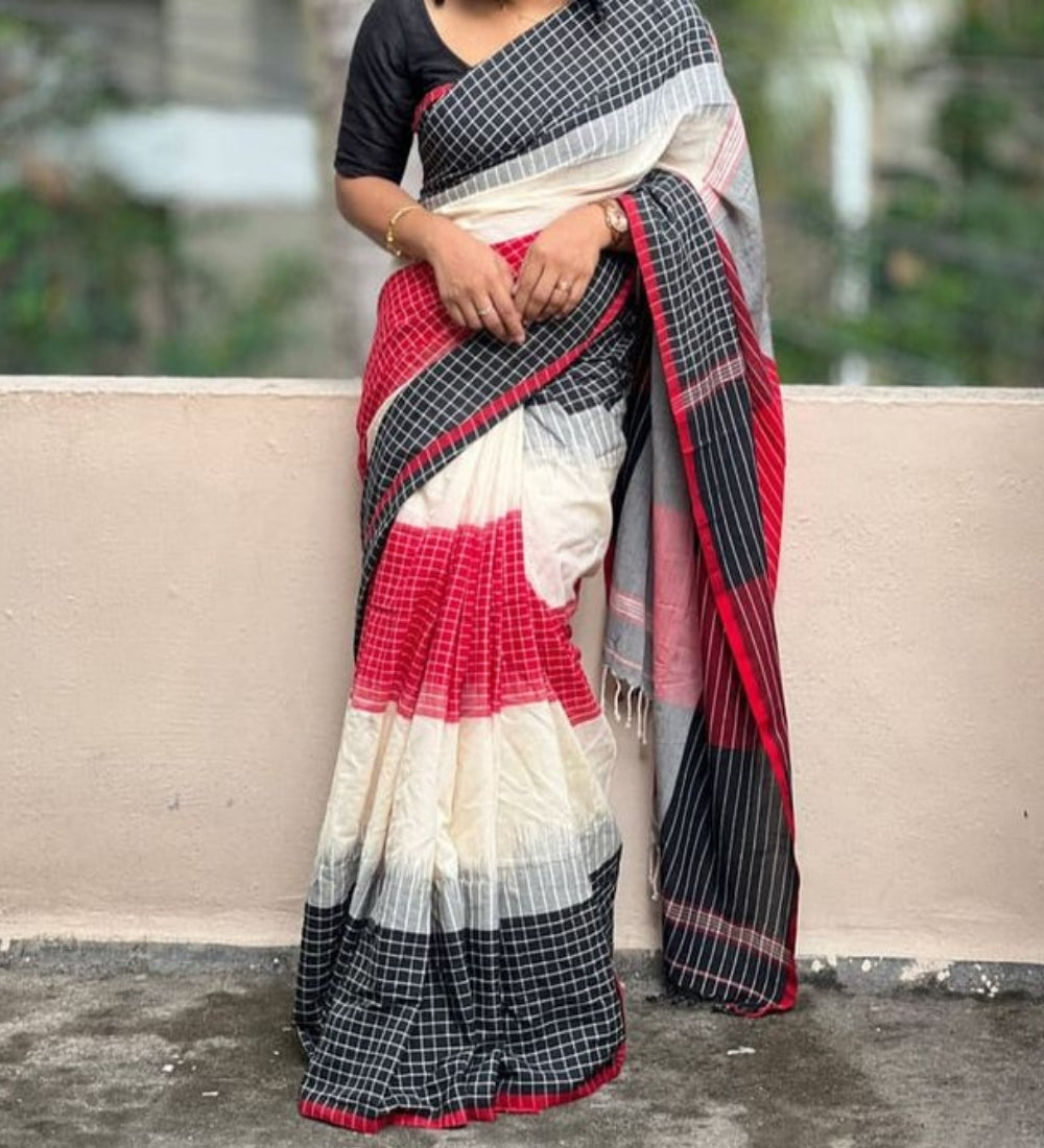Multicolor linen checkered saree with unstitched blouse piece, 5.5 meters length
