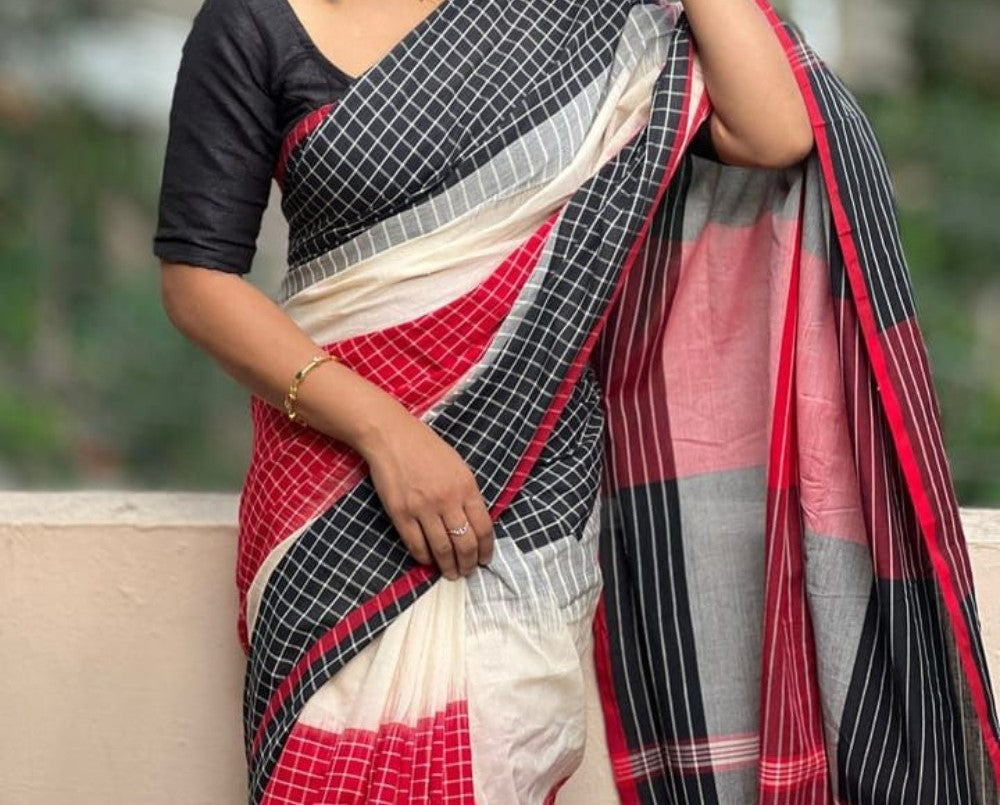 Multicolor linen checkered saree with unstitched blouse piece, 5.5 meters length