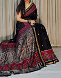Black and red linen Kalamkari printed saree with unstitched blouse piece, 5.5 meters length