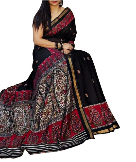 Black and red linen Kalamkari printed saree with unstitched blouse piece, 5.5 meters length